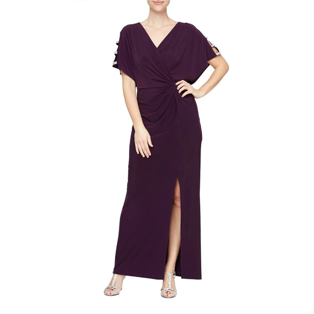 Alex Evenings Women's 16 Violet Knot Front Embellished Short Sleeve Long Dress